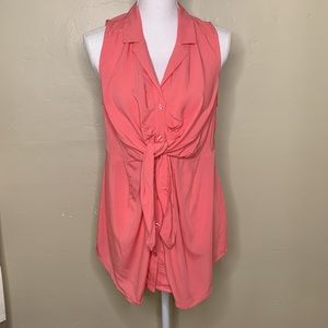 MOTHERHOOD Maternity V-Neck Peach Coral Sleeves Button Front Tie Detail Small